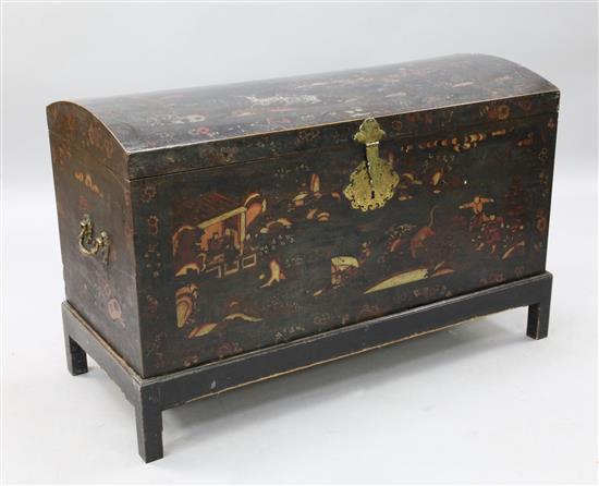 An early 18th century black japanned dome top trunk, W.3ft 9in. D.1ft 8in. H.2ft 5in.